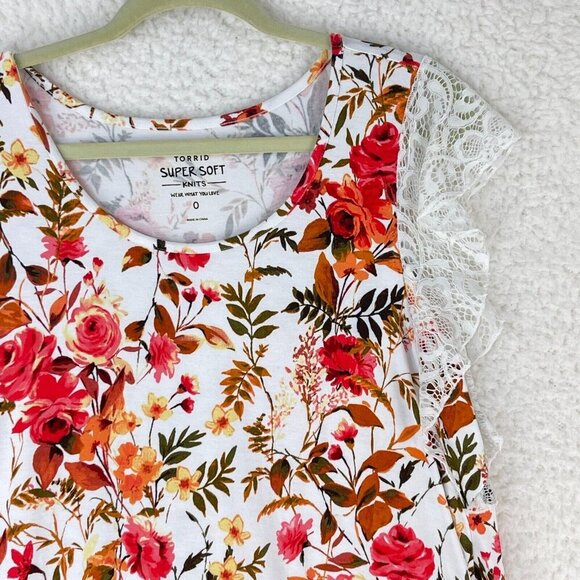 Torrid White Floral Super Soft Top Womens Scoop Neck Lace Flutter Sleeve Size‎ L - Picture 2 of 9